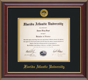 Image of Florida Atlantic University Diploma Frame - Cherry Lacquer - w/Embossed FAU Seal & Name - Black on Gold mat