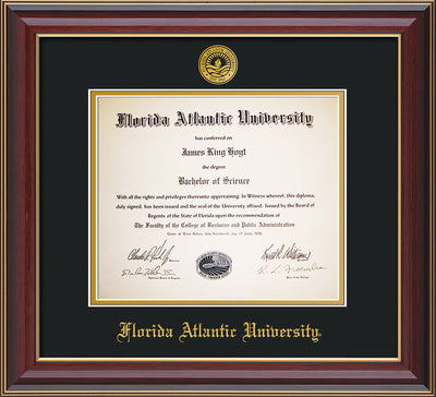 Image of Florida Atlantic University Diploma Frame - Cherry Lacquer - w/Embossed FAU Seal & Name - Black on Gold mat