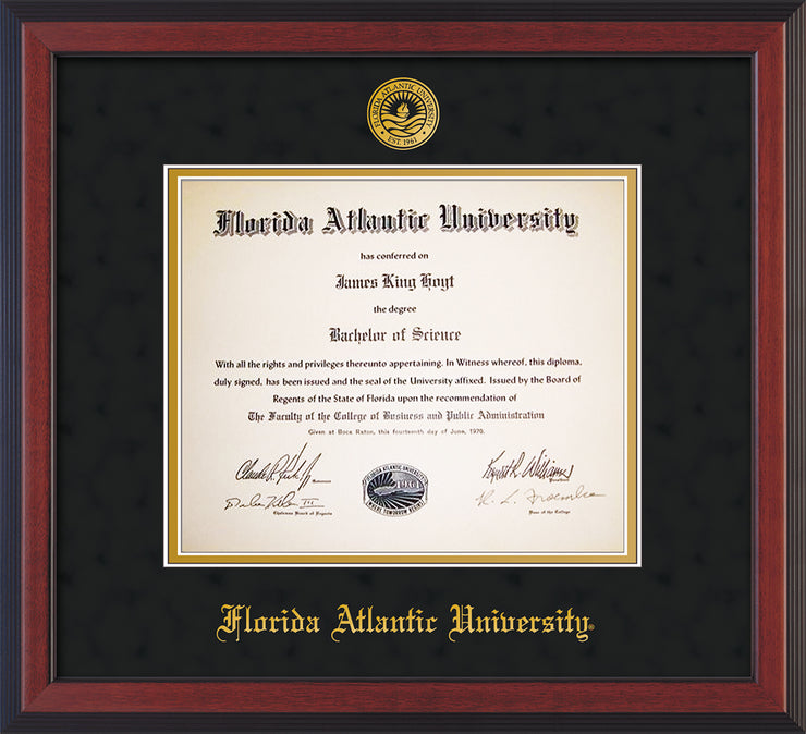 Image of Florida Atlantic University Diploma Frame - Cherry Reverse - w/Embossed FAU Seal & Name - Black Suede on Gold mat