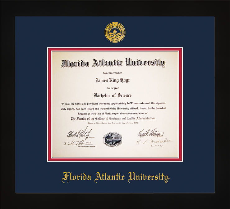 Image of Florida Atlantic University Diploma Frame - Flat Matte Black - w/Embossed FAU Seal & Name - Navy on Red mat