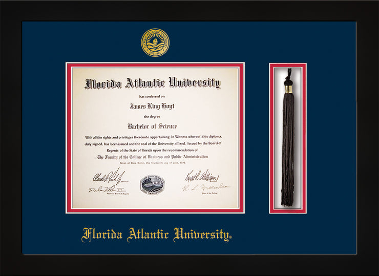 Image of Florida Atlantic University Diploma Frame - Flat Matte Black - w/Embossed FAU Seal & Name - Tassel Holder - Navy on Red mat