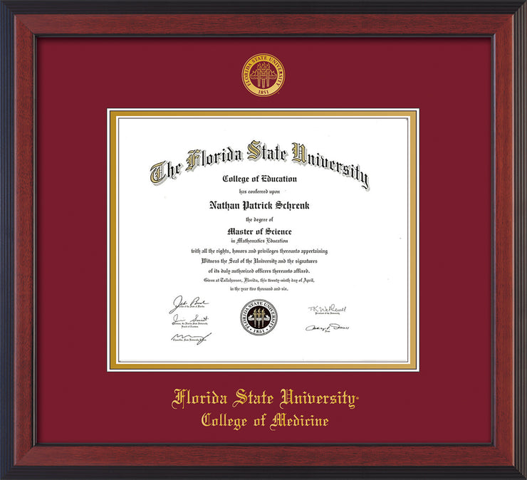 Image of Florida State University Diploma Frame - Cherry Reverse - w/Embossed FSU Seal & College of Medicine Name - Garnet on Gold mats