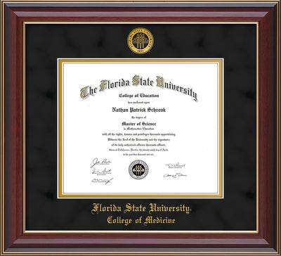 Image of Florida State University Diploma Frame - Cherry Lacquer - w/Embossed FSU Seal & College of Medicine Name - Black Suede on Gold mats