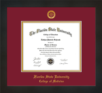 Image of Florida State University Diploma Frame - Flat Matte Black - w/Embossed FSU Seal & College of Medicine Name - Garnet on Gold mats