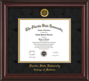 Image of Florida State University Diploma Frame - Mahogany Lacquer - w/Embossed FSU Seal & College of Medicine Name - Black Suede on Gold mats