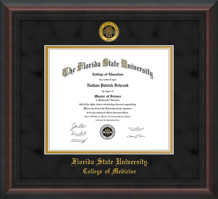 Image of Florida State University Diploma Frame - Mahogany Braid - w/Embossed FSU Seal & College of Medicine Name - Black Suede on Gold mats