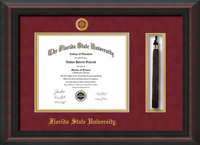 Image of Florida State University Diploma Frame - Mahogany Braid - w/Embossed FSU Seal & Name - Tassel Holder - Garnet Suede on Gold mats