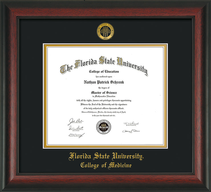 Image of Florida State University Diploma Frame - Rosewood - w/Embossed FSU Seal & College of Medicine Name - Black on Gold mats