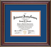 Image of Custom Cherry Lacquer Art and Document Frame with Royal Blue on Orange Mat
