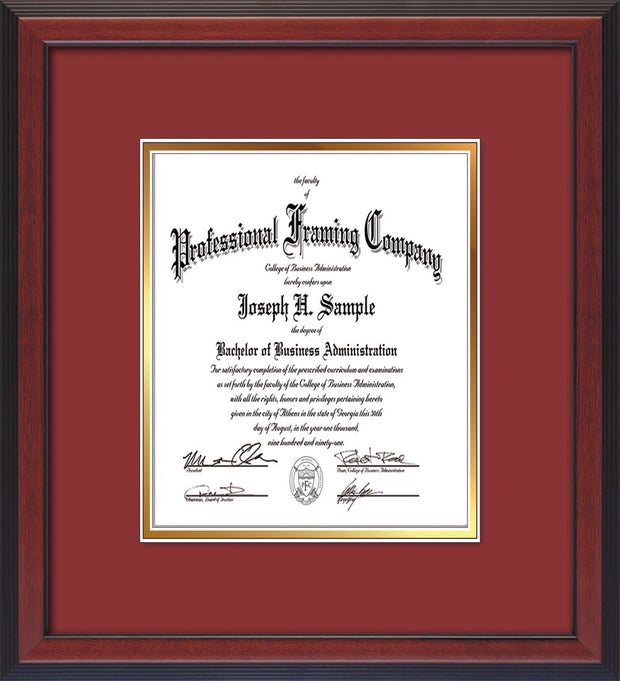 Image of Custom Cherry Reverse Art and Document Frame with Garnet on Gold Mat Vertical