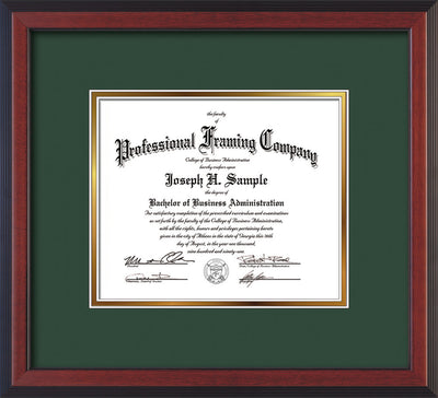 Image of Custom Cherry Reverse Art and Document Frame with Green on Gold Mat