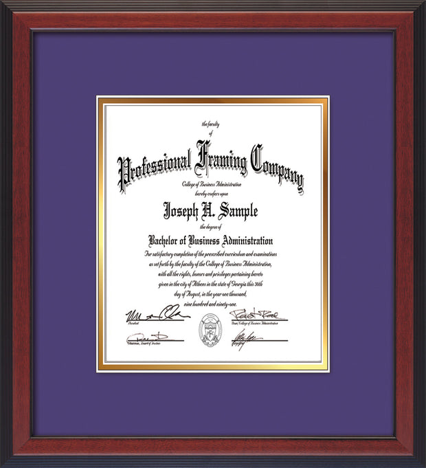 Image of Custom Cherry Reverse Art and Document Frame with Purple on Gold Mat Vertical