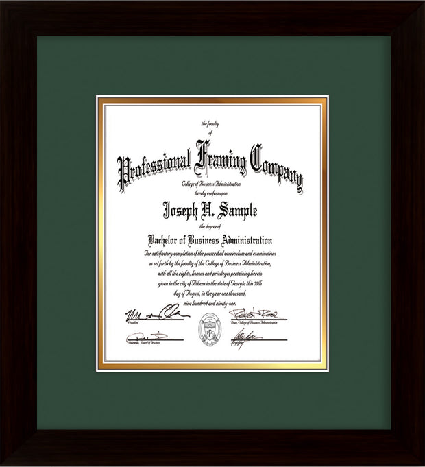 Image of Custom Flat Matte Black Art and Document Frame with Green on Gold Mat Vertical