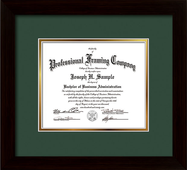 Image of Custom Flat Matte Black Art and Document Frame with Green on Gold Mat
