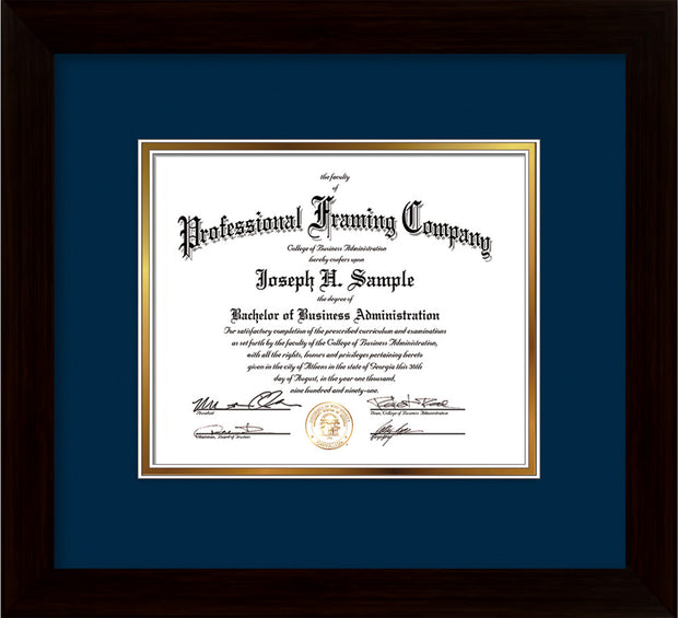 Image of Custom Flat Matte Black Art and Document Frame with Navy on Gold Mat