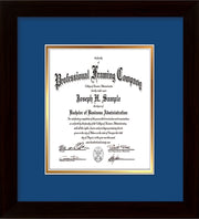 Image of Custom Flat Matte Black Art and Document Frame with Royal Blue on Gold Mat Vertical