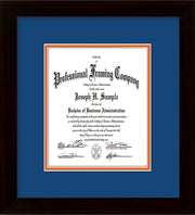 Image of Custom Flat Matte Black Art and Document Frame with Royal Blue on Orange Mat Vertical