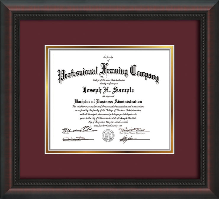 Image of Custom Mahogany Braid Art and Document Frame with Maroon on Gold Mat