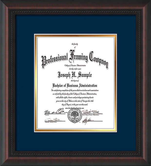 Image of Custom Mahogany Braid Art and Document Frame with Navy on Gold Mat Vertical
