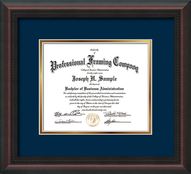 Image of Custom Mahogany Braid Art and Document Frame with Navy on Gold Mat