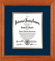 Image of Custom Oak Art and Document Frame with Navy on Gold Mat Vertical
