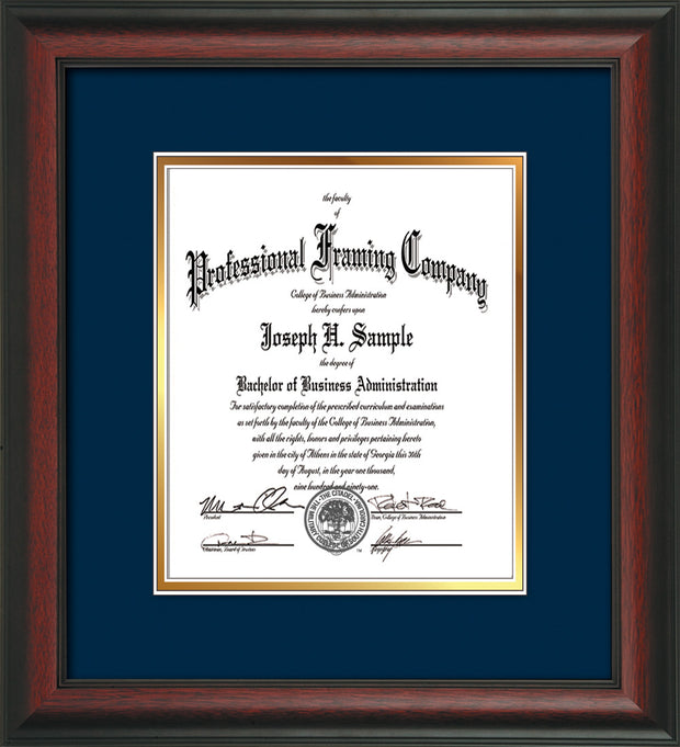 Image of Custom Rosewood Art and Document Frame with Navy on Gold Mat Vertical