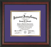 Image of Custom Rosewood Art and Document Frame with Purple on Gold Mat