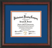 Image of Custom Rosewood Art and Document Frame with Royal Blue on Orange Mat
