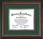 Image of Custom Rosewood with Gold Lip Art and Document Frame with Green on Gold Mat