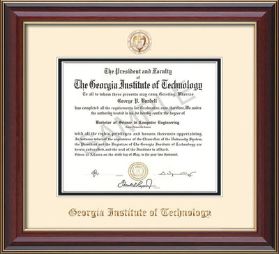 Image of Georgia Tech Diploma Frame - Cherry Lacquer - w/Embossed Seal & Name - Cream on Black mat