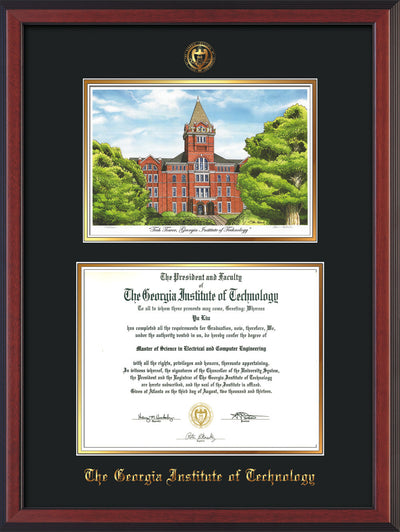 Image of Georgia Tech Diploma Frame - Cherry Reverse - w/Embossed GT Seal & Name - w/Campus Watercolor - Black on Gold mat