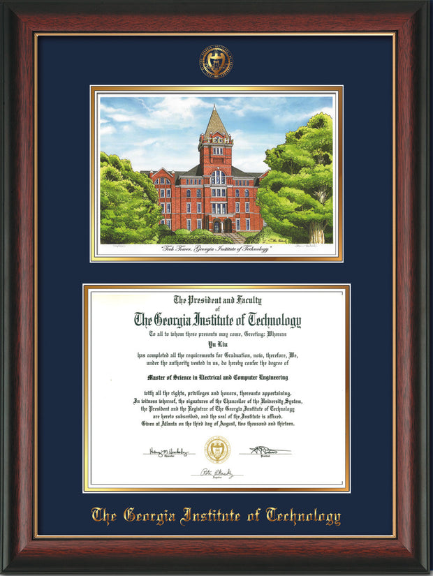 Image of Georgia Tech Diploma Frame - Rosewood w/Gold Lip - w/Embossed GT Seal & Name - w/Campus Watercolor - Navy on Gold mat