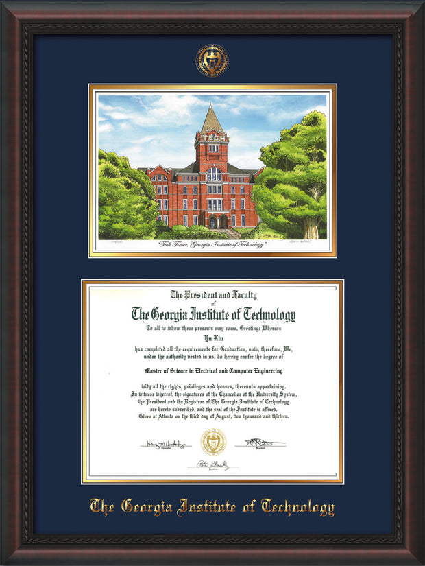 Image of Georgia Tech Diploma Frame - Mahogany Braid - w/Embossed GT Seal & Name - w/Campus Watercolor - Navy on Gold mat