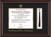 Image of Georgia Tech Diploma Frame - Mahogany Lacquer - w/Embossed Seal & Name - Tassel Holder - Black on Gold Mat