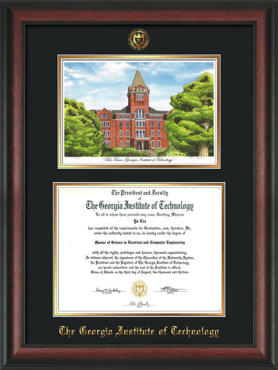 Image of Georgia Tech Diploma Frame - Rosewood - w/Embossed GT Seal & Name - w/Campus Watercolor - Black on Gold mat