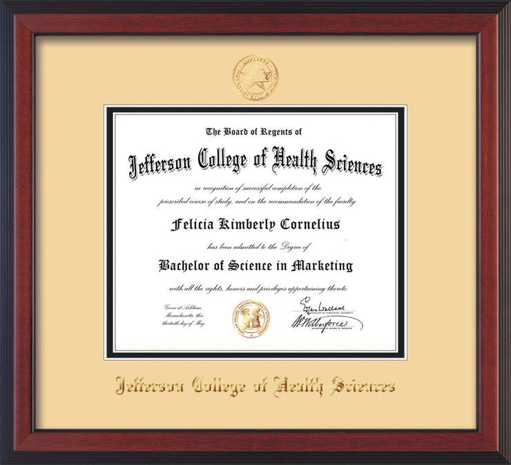 Image of Jefferson College of Health Sciences Diploma Frame - Cherry Reverse - w/JCHS Embossed Seal & Name - Cream on Black mat