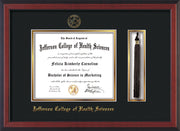 Image of Jefferson College of Health Sciences Diploma Frame - Cherry Reverse - w/JCHS Embossed Seal & Name - Tassel Holder - Black on Gold mat