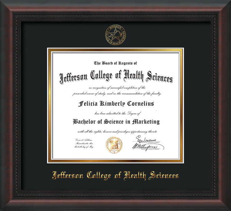 Image of Jefferson College of Health Sciences Diploma Frame - Mahogany Braid - w/JCHS Embossed Seal & Name - Black on Gold mat