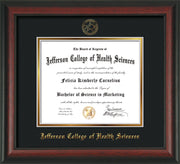 Image of Jefferson College of Health Sciences Diploma Frame - Rosewood - w/JCHS Embossed Seal & Name - Black on Gold mat