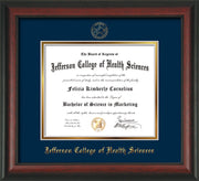 Image of Jefferson College of Health Sciences Diploma Frame - Rosewood - w/JCHS Embossed Seal & Name - Navy on Gold mat