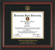 Image of Kennesaw State University Diploma Frame - Southern Polytechnic College of Engineering - Rosewood - with KSU Seal - and SPC Engineering Name - Black on Gold mat