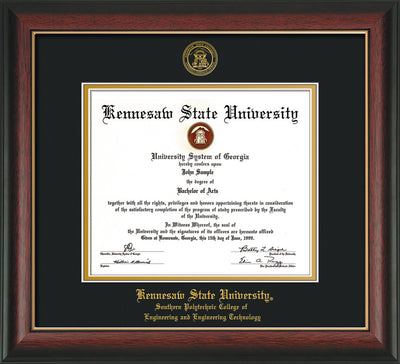 Image of Kennesaw State University Diploma Frame - Southern Polytechnic College of Engineering - Rosewood w/Gold Lip - with KSU Seal - and SPC Engineering Name - Black on Gold mat