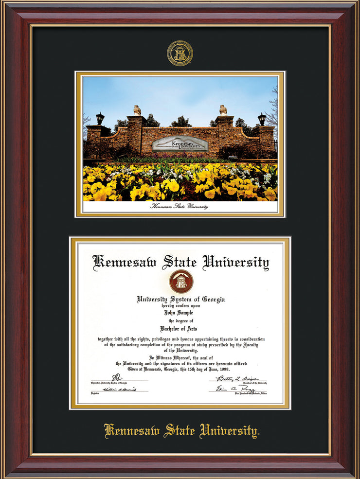 Image of Kennesaw State University Diploma Frame - Cherry Lacquer - with KSU Seal - Campus Watercolor - Black on Gold mat
