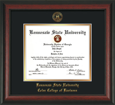 This is a Kennesaw State University Diploma Frame - Coles College of Business - Rosewood - with KSU Seal - and Coles embossing - Black on Gold mat