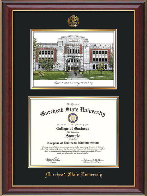 Image of Morehead State Univerity Diploma Frame - Cherry Lacquer - w/Embossed MSU Seal & Name - Watercolor - Black on Gold mat