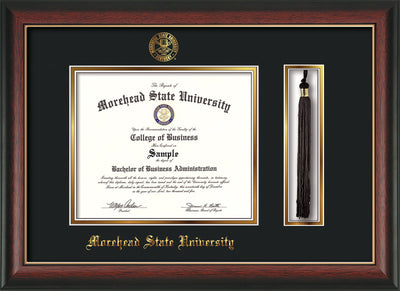 Image of Morehead State Univerity Diploma Frame - Rosewood w/Gold Lip - w/Embossed MSU Seal & Name - Tassel Holder - Black on Gold mat