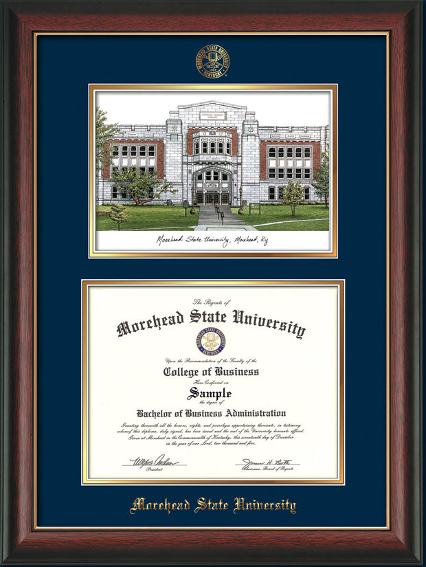 Image of Morehead State Univerity Diploma Frame - Rosewood w/Gold Lip - w/Embossed MSU Seal & Name - Watercolor - Navy on Gold mat