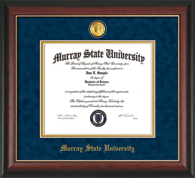 Image of Murray State University Diploma Frame - Rosewood w/Gold Lip - w/24k Gold-Plated Medallion & Murray Name Embossing - Navy Suede on Gold mats