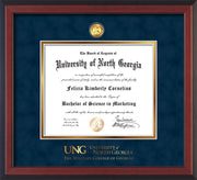 Image of University of North Georgia Diploma Frame - Cherry Reverse - w/24k Gold-Plated Military Medallion & Military Wordmark Embossing - Navy Suede on Gold mats