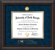 Image of University of North Georgia Diploma Frame - Mahogany Braid - w/24k Gold-Plated Military Medallion & Military Wordmark Embossing - Navy Suede on Gold mats